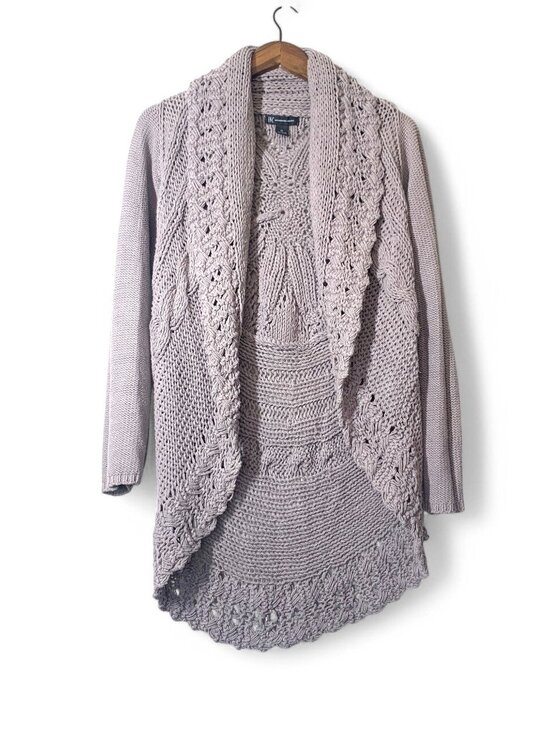 INC Women's Open Front Knit Cardigan Sweater Floral Crochet Design Sz XL Grey - Picture 6 of 7